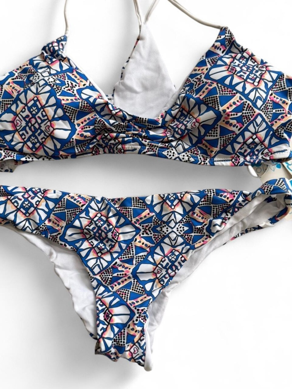 Geometric Blue & Pink Print Triangle Bikini Set